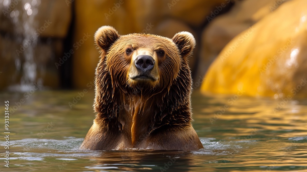 Obraz premium A large brown bear standing in the water, capturing its powerful presence and natural behavior. 