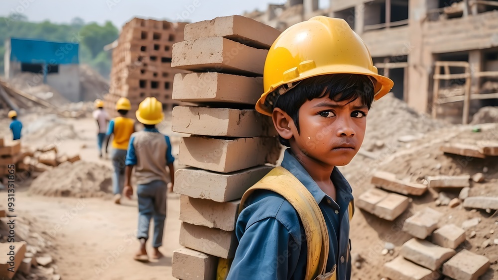 A poor sad boy with tears in eyes, wearing yellow helmet, carrying heavy bricks on his back, working on a construction site, world day against child labor A poor sad boy with tears in eyes, wearing yellow helmet, carrying heavy bricks on his back, working on a construction site, world day against child labor