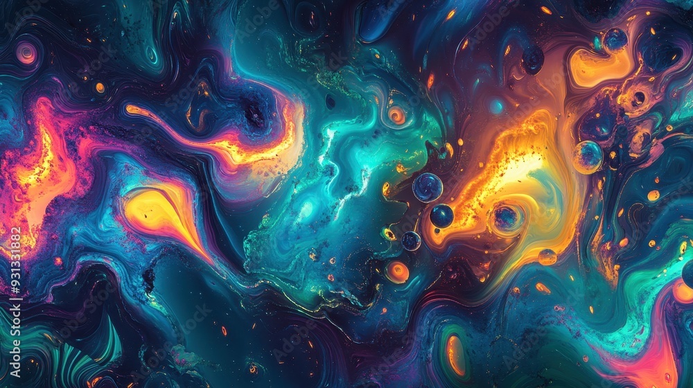A vibrant abstract representation of cosmic elements with swirling colors and patterns. A vibrant abstract representation of cosmic elements with swirling colors and patterns.