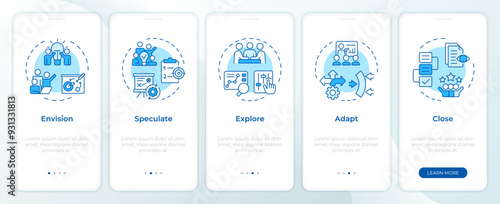 APM steps blue onboarding mobile app screen. Workflow control. Walkthrough 5 steps editable graphic instructions with linear concepts. UI, UX, GUI template. Montserrat SemiBold, Regular fonts used