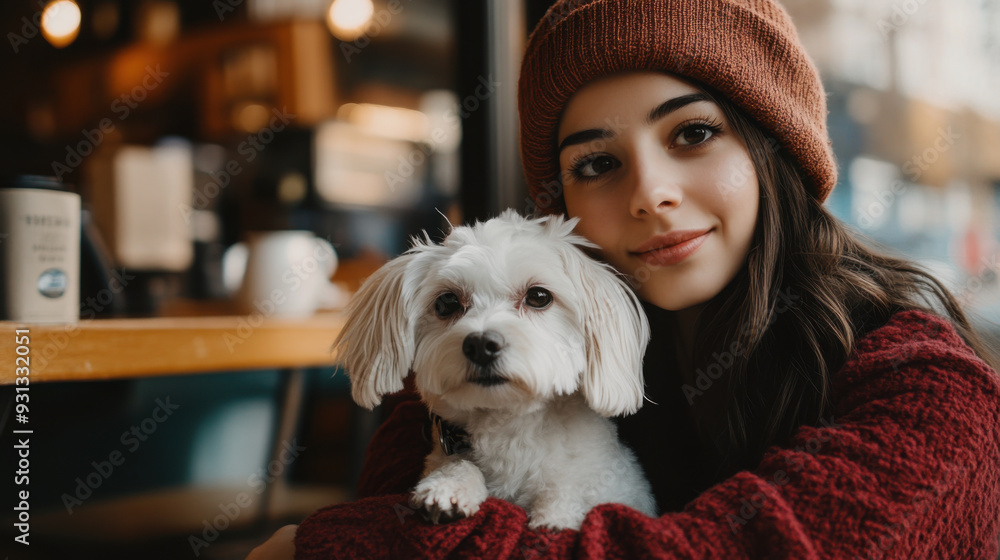 Stylish woman with her little white dog in a Stylish woman with her little white dog in a