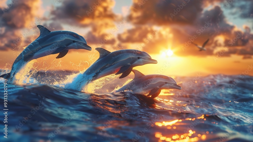 Fototapeta premium Three Dolphins Leaping Through Waves at Sunset