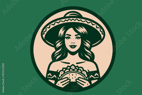 Beautiful young Mexican woman with tacos. Mexican food, retro emblem. Vector illustration, isolated object, icon.