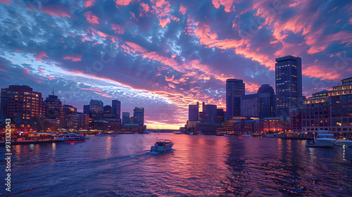 A detailed watercolor illustration of a bustling cityscape by the river at dusk, with boats on the water, buildings lit up in the background, and a dramatic sky filled with shades of blue and purple.