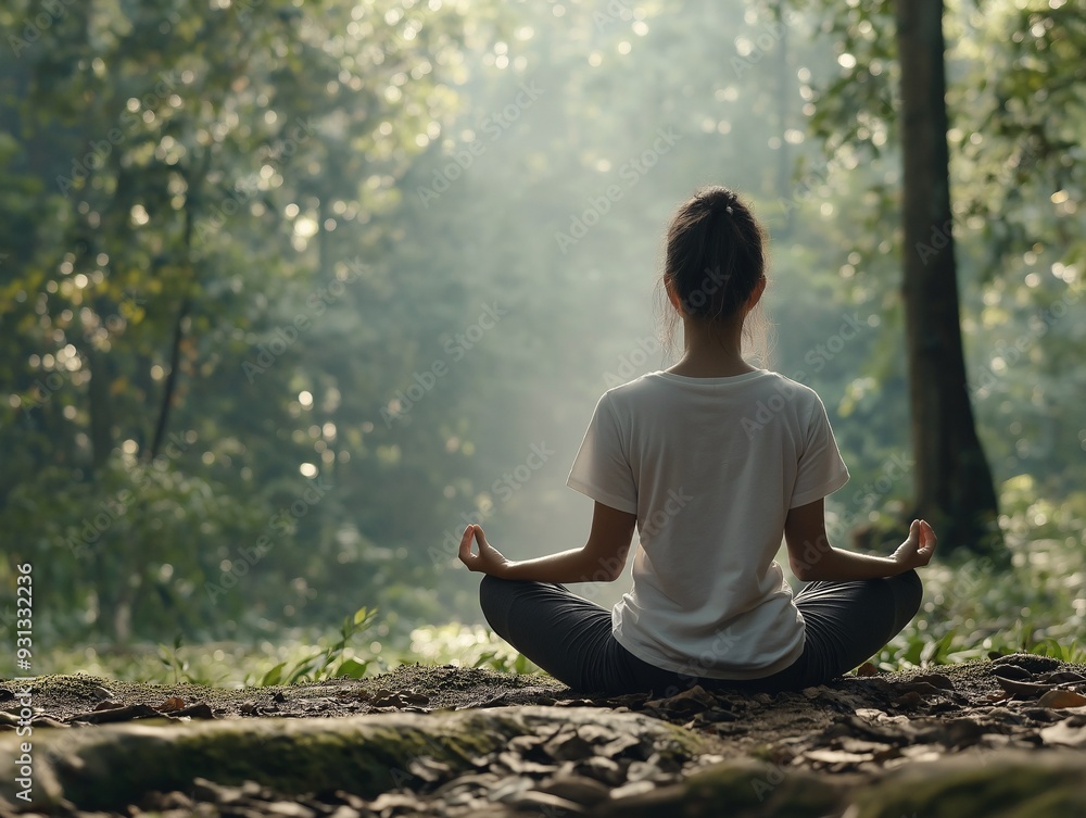 Fototapeta premium Finding Peace in Nature's Embrace: A woman finds tranquility amidst a sun-dappled forest, her serene meditation embodying harmony and mindfulness.