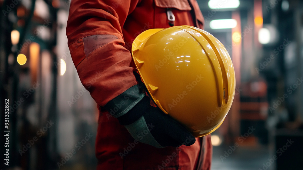Construction worker holding a yellow hard hat in an industrial setting during the day Construction worker holding a yellow hard hat in an industrial setting during the day