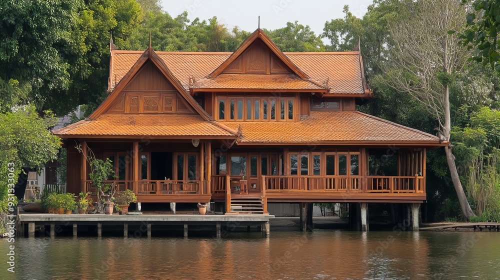 A traditional Thai wood house situated along the waterfront, exemplifying classic Thai architectural style. A traditional Thai wood house situated along the waterfront, exemplifying classic Thai architectural style.