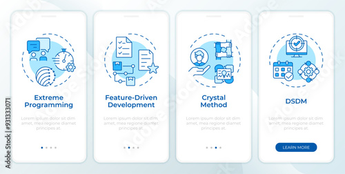 Agile management methodologies blue onboarding mobile app screen. Walkthrough 4 steps editable graphic instructions with linear concepts. UI, UX, GUI template. Montserrat SemiBold, Regular fonts used