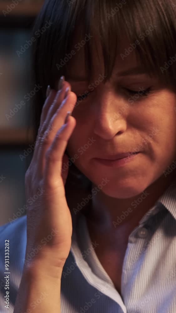 Portrait of a nervous Caucasian middle aged woman thinking at late night home. Emotional stress, shock, panic concept. Vertical video. Portrait of a nervous Caucasian middle aged woman thinking at late night home. Emotional stress, shock, panic concept. Vertical video.