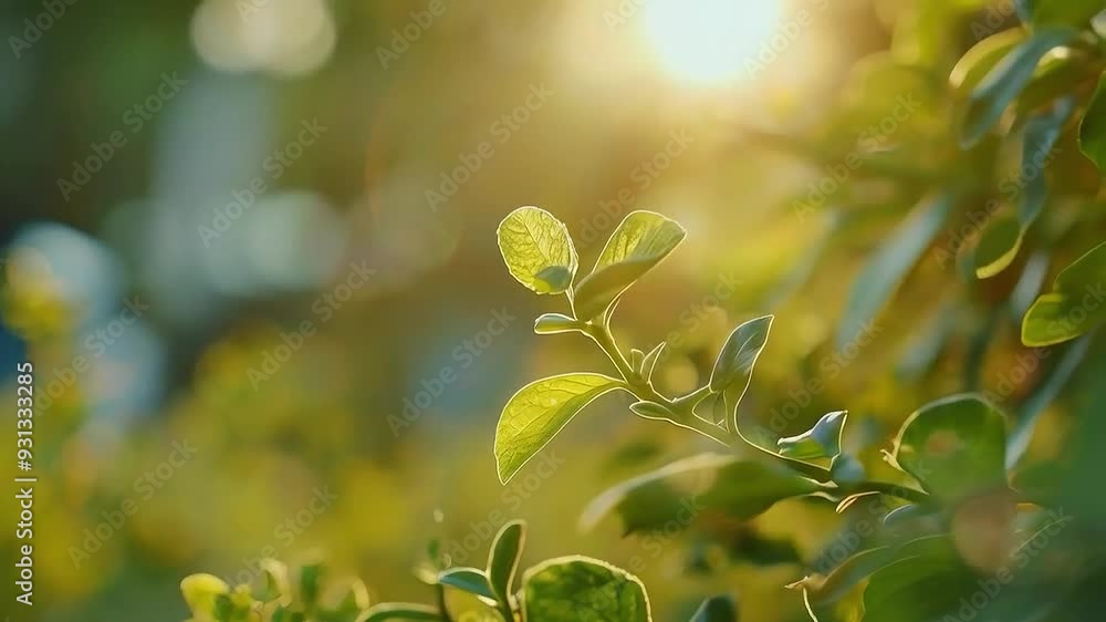 A green plant is in the foreground, with the sun shining in the background A green plant is in the foreground, with the sun shining in the background