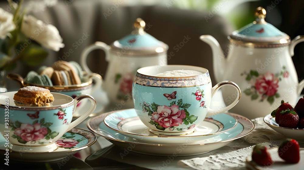 Fototapeta premium Elegant floral tea set with cups, saucers, and teapot on a table, perfect for a cozy tea time with macarons and strawberries.