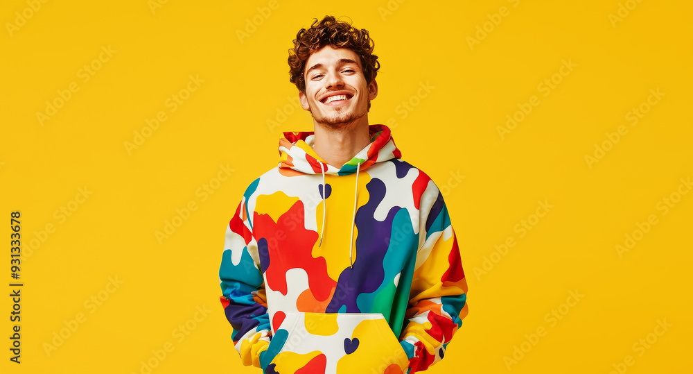 Smiling man in stylish bright hoodie on one tone background. Fall winter concept. Smiling man in stylish bright hoodie on one tone background. Fall winter concept.