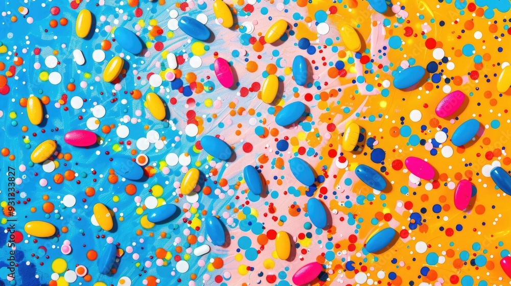 Vibrant abstract background with colorful pills and confetti on blue, pink, and orange surfaces. Creative and playful design. Vibrant abstract background with colorful pills and confetti on blue, pink, and orange surfaces. Creative and playful design.