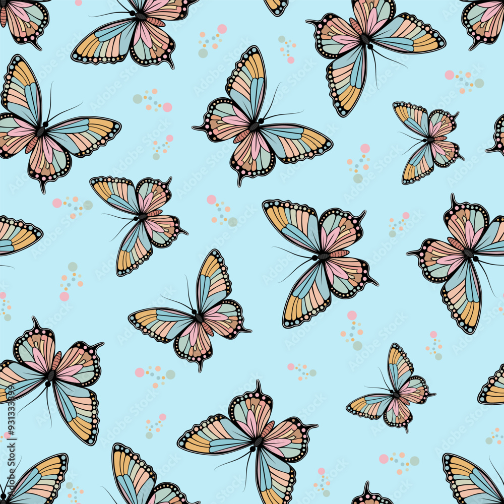 A seamless pattern featuring a butterfly on a blue backdrop in a boho nspired style. A seamless pattern featuring a butterfly on a blue backdrop in a boho nspired style.