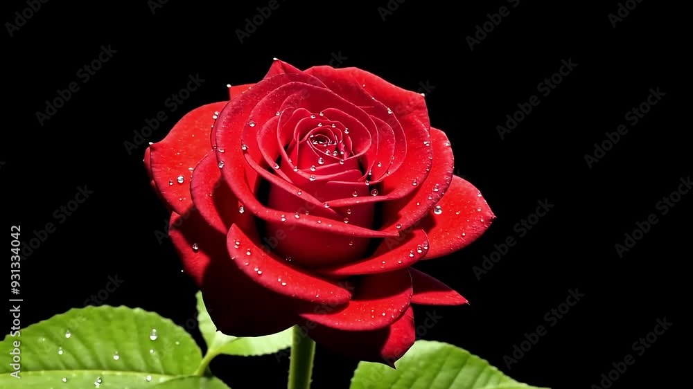 Vibrant red rose with water droplets, symbolizing love, beauty, and romance