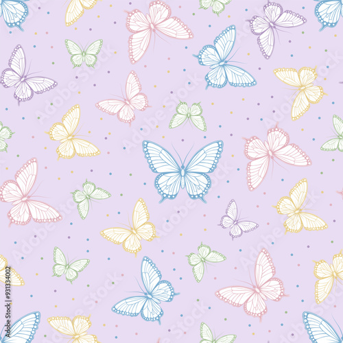 Seamless pattern with delicate butterflies on a lilac background.