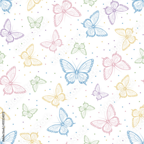 Seamless pattern with delicate butterflies on a white background.