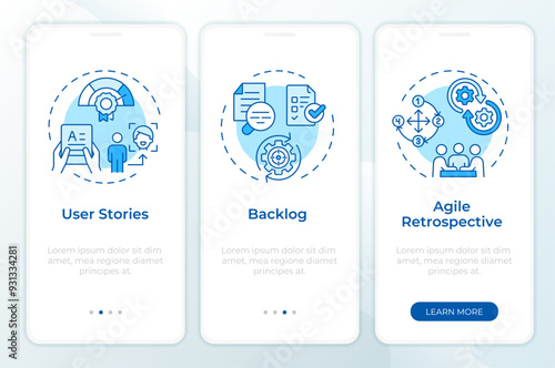 APM essential components blue onboarding mobile app screen. Walkthrough 3 steps editable graphic instructions with linear concepts. UI, UX, GUI template. Montserrat SemiBold, Regular fonts used