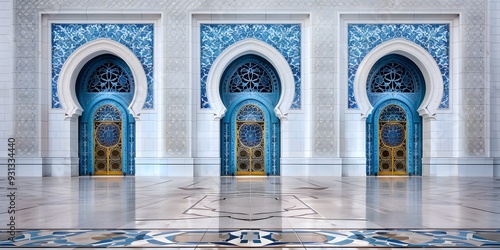 Islamic geometric patterns, classic architecture, blue and white tiles, detailed and harmonious, traditional craftsmanship, Documentary Photography photo