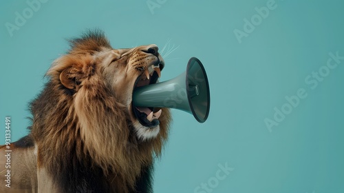 Lion roaring on a megaphone. Advertisement concept with wide copy space for text.  photo