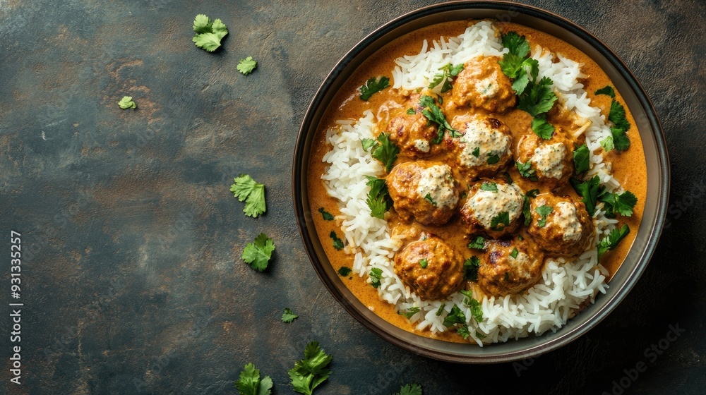 A bowl of creamy malai kofta with rice, with space on the top for a message A bowl of creamy malai kofta with rice, with space on the top for a message