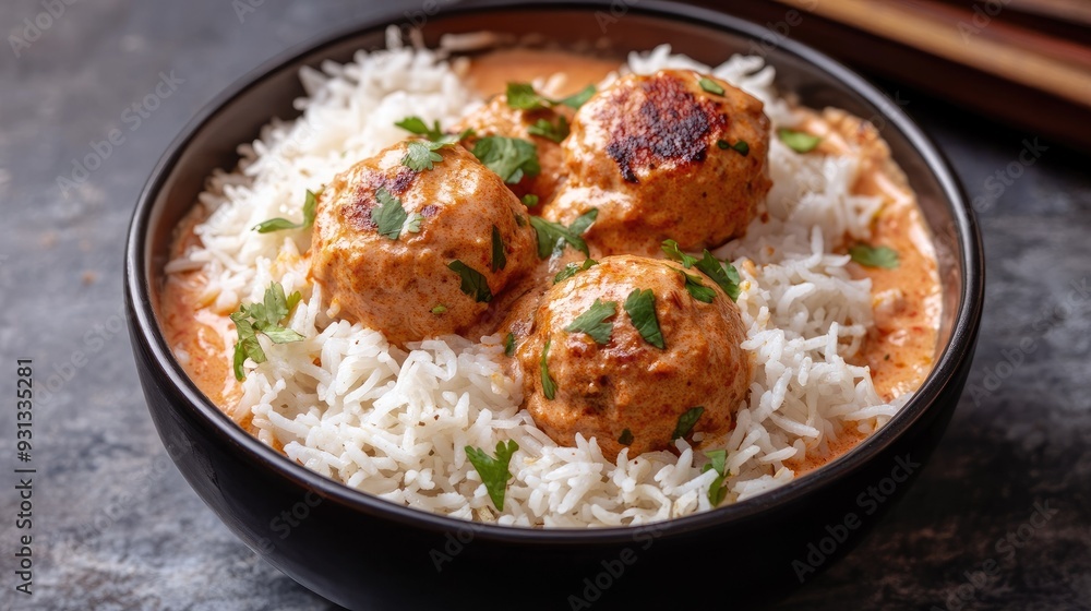 A bowl of creamy malai kofta with rice, with space on the top for a message A bowl of creamy malai kofta with rice, with space on the top for a message