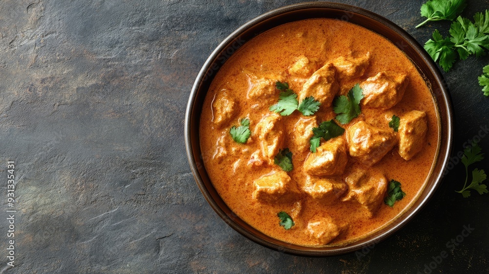 A bowl of rich, creamy butter chicken, with blank space on the top for a message A bowl of rich, creamy butter chicken, with blank space on the top for a message