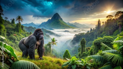 Vibrant misty verdant forest misty hills misty mountain peaks misty trekking misty adventure gorilla misty forest dweller misty majestic mountain peaks
