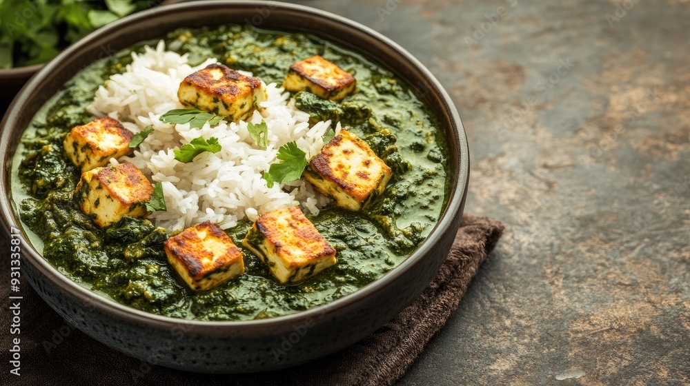 A bowl of rich, creamy palak paneer with rice, with ample space on the side for a message A bowl of rich, creamy palak paneer with rice, with ample space on the side for a message