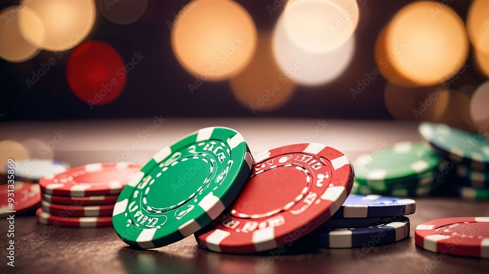 Casino poker chips on light illumination, bokeh Casino poker chips on light illumination, bokeh