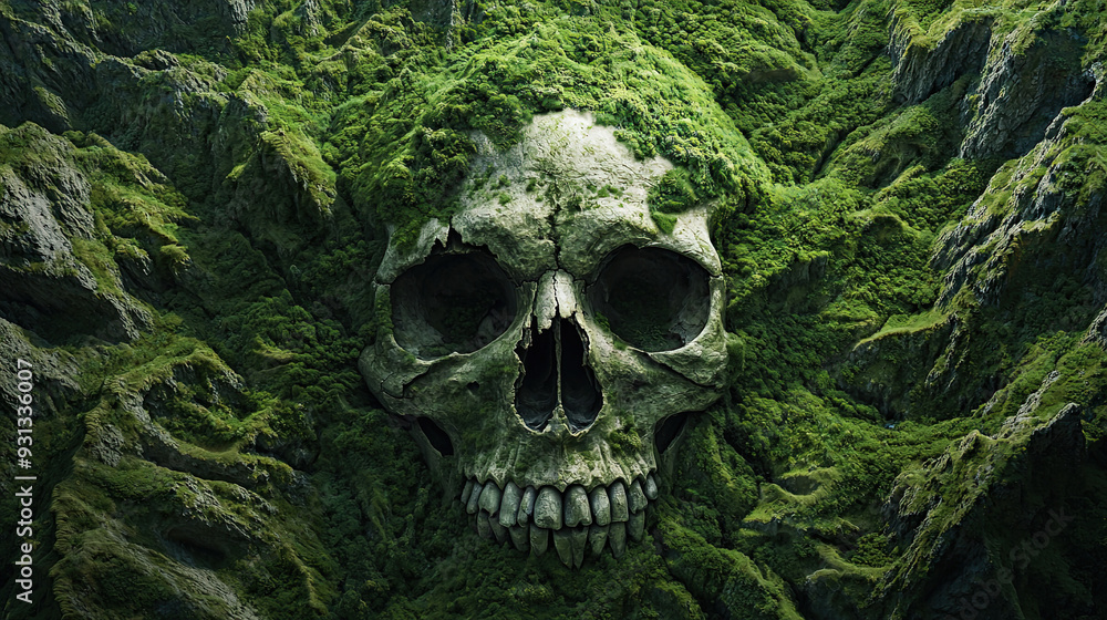 Aerial View of a Green Grassy Mountain Carved with Massive Human Bones Shaped Like a Skull, Surrounded by Scenic Landscape and Natural Terrain Aerial View of a Green Grassy Mountain Carved with Massive Human Bones Shaped Like a Skull, Surrounded by Scenic Landscape and Natural Terrain