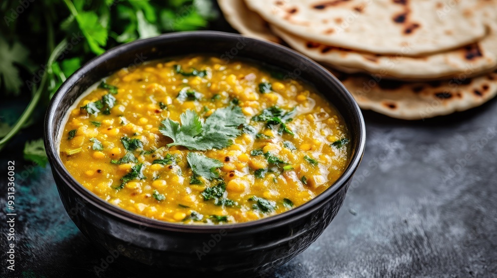 A bowl of rich, flavorful dal with roti, with ample space on the side for a message A bowl of rich, flavorful dal with roti, with ample space on the side for a message