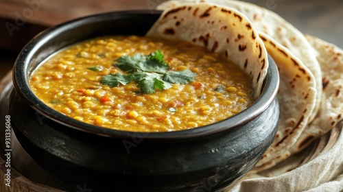 A bowl of rich, flavorful dal with roti, with ample space on the side for a message