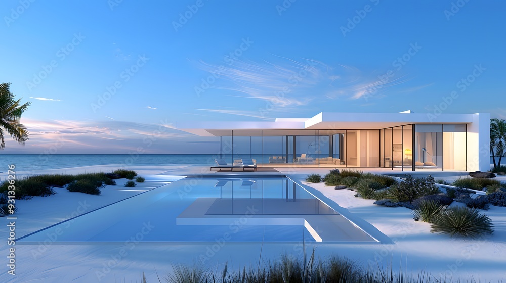 A modern beachfront property with a sleek, minimalistic design and large windows. List of Art Media Minimalist realistic A modern beachfront property with a sleek, minimalistic design and large windows. List of Art Media Minimalist realistic