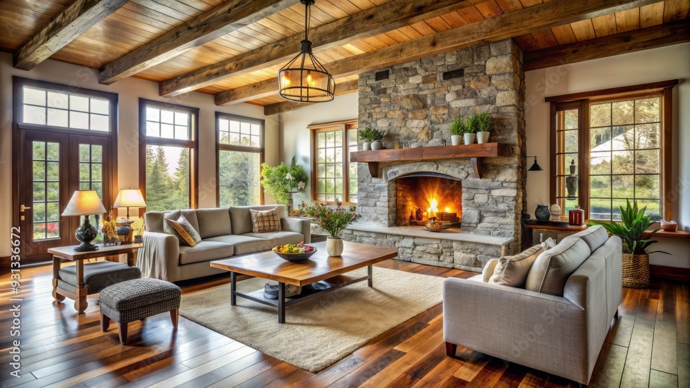 Warm rustic charm fills this cozy farmhouse, featuring exposed wood beams, a stunning stone fireplace, and crisp white walls that evoke a sense of simplicity and serenity. Warm rustic charm fills this cozy farmhouse, featuring exposed wood beams, a stunning stone fireplace, and crisp white walls that evoke a sense of simplicity and serenity.