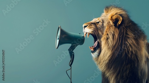 Lion roaring on a megaphone. Advertisement concept with wide copy space for text.  photo