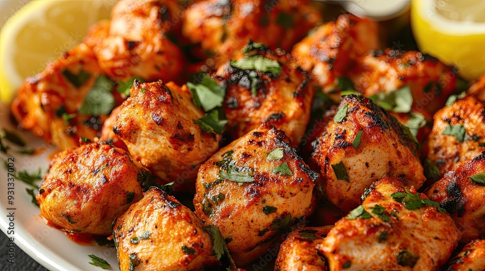 A close-up of a plate of spicy chicken tikka with lemon wedges, leaving space on the side for text A close-up of a plate of spicy chicken tikka with lemon wedges, leaving space on the side for text
