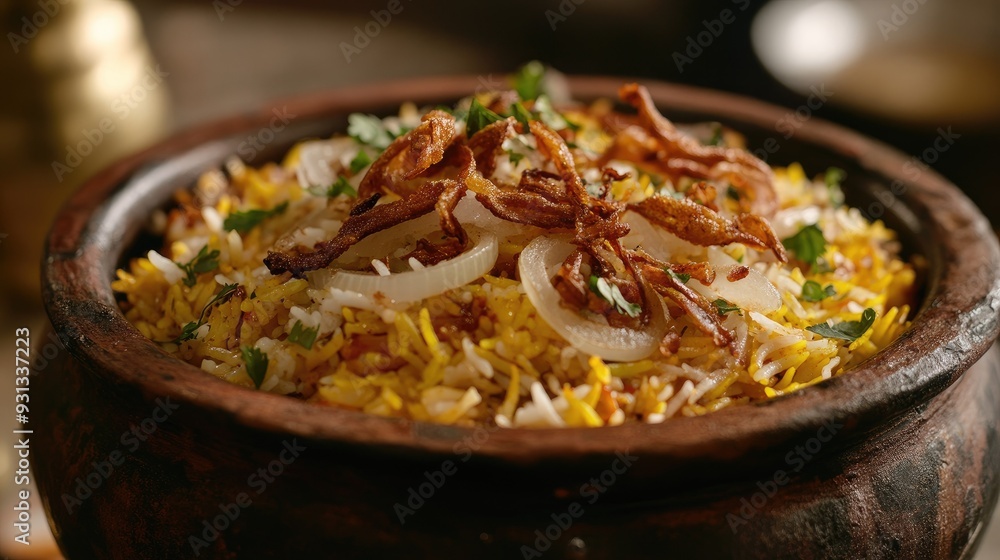 A close-up of a traditional biryani dish garnished with fried onions and coriander, served in a rustic clay pot with ample copy space A close-up of a traditional biryani dish garnished with fried onions and coriander, served in a rustic clay pot with ample copy space