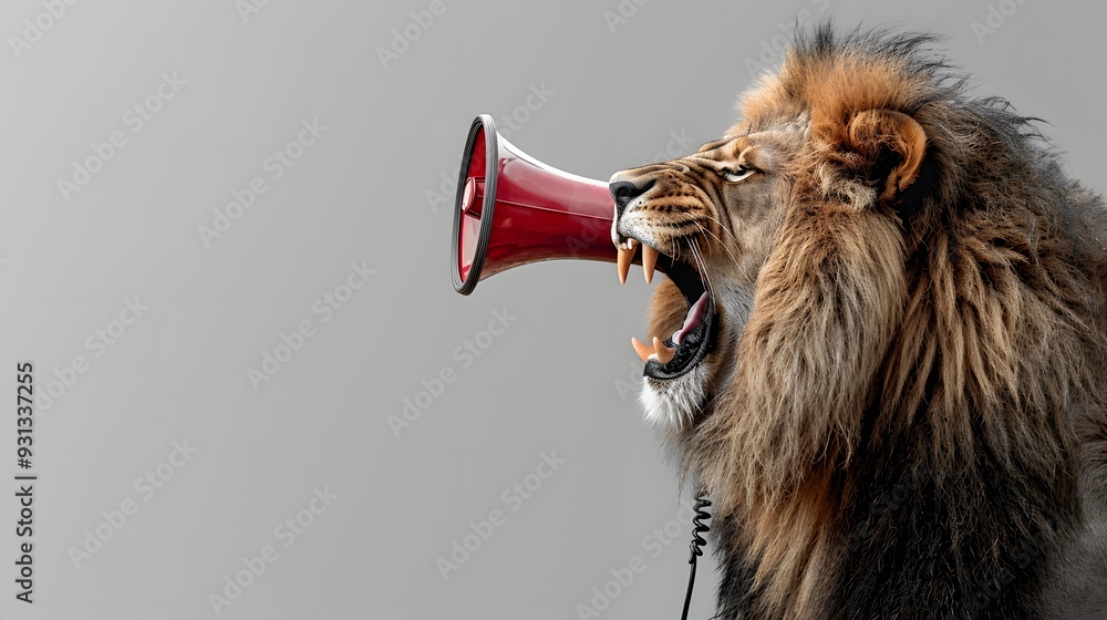 Fototapeta premium Lion roaring on a megaphone. Advertisement concept with wide copy space for text.
