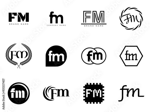 FM logo company template. Letter f and m logotype. Set different classic serif lettering and modern bold text with design elements. Initial font typography.