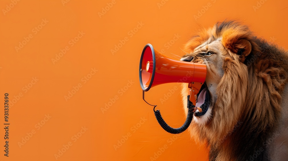 Fototapeta premium Lion roaring on a megaphone. Advertisement concept with wide copy space for text.
