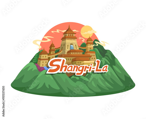 Shangri-La Mythical Place Mascot Illustration Vector