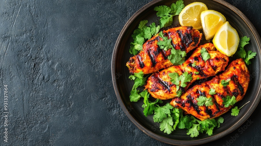 A plate of grilled tandoori chicken with a side of lemon wedges, with empty space above A plate of grilled tandoori chicken with a side of lemon wedges, with empty space above