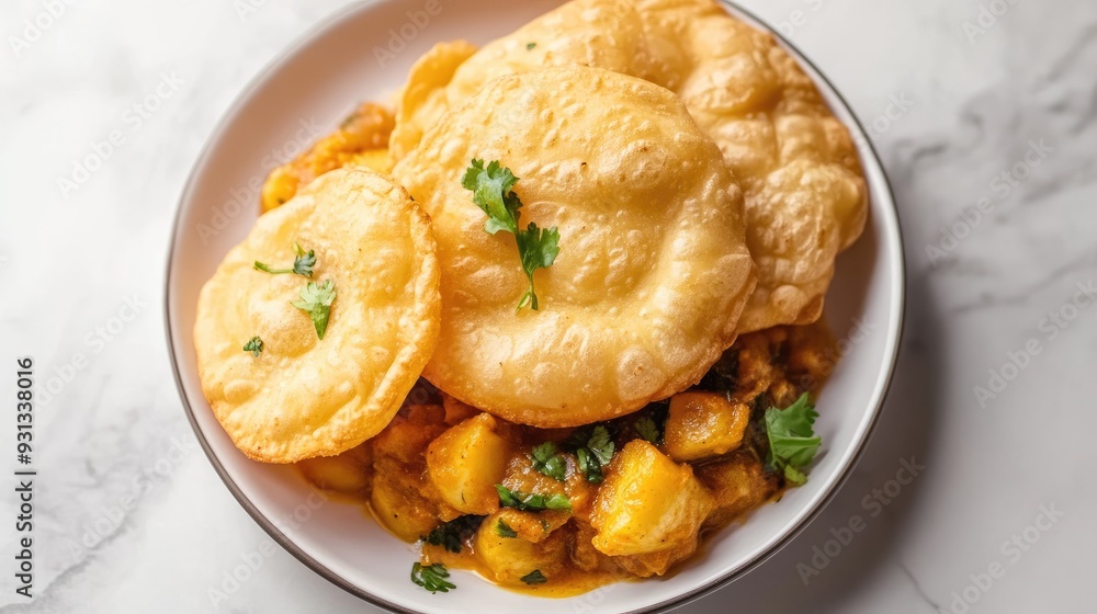 A serving of fluffy poori with aloo sabzi on a white plate, leaving room for copy A serving of fluffy poori with aloo sabzi on a white plate, leaving room for copy