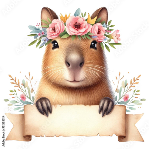 Capybara holding a white banner sign  blank empty advertisement clip art watercolor 