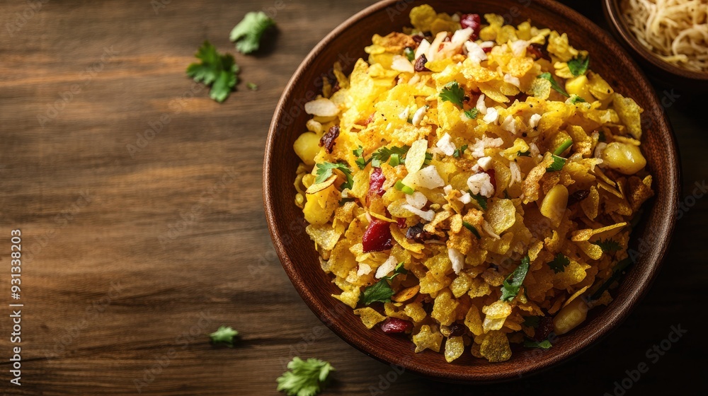 A serving of hot, crispy poha with sev, with blank space on the side for copy A serving of hot, crispy poha with sev, with blank space on the side for copy