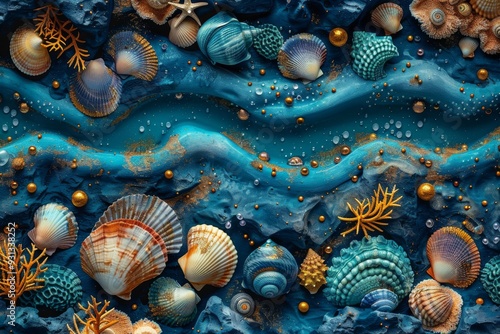 A seascape, intricately carved with a variety of seashells, corals, and other marine life forms. Generative AI photo