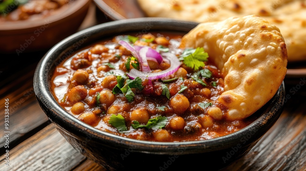 A serving of hot, spicy chole with bhature, with space on the side for a message A serving of hot, spicy chole with bhature, with space on the side for a message