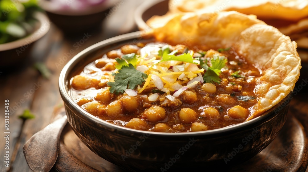A serving of hot, spicy chole with bhature, with space on the side for a message A serving of hot, spicy chole with bhature, with space on the side for a message