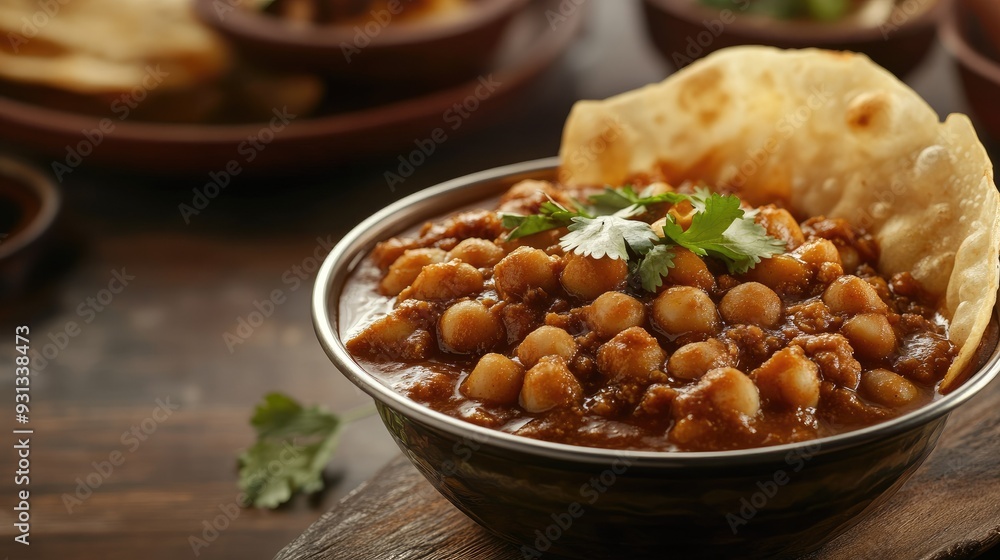 A serving of hot, spicy chole with puri, with blank space on the side for copy A serving of hot, spicy chole with puri, with blank space on the side for copy